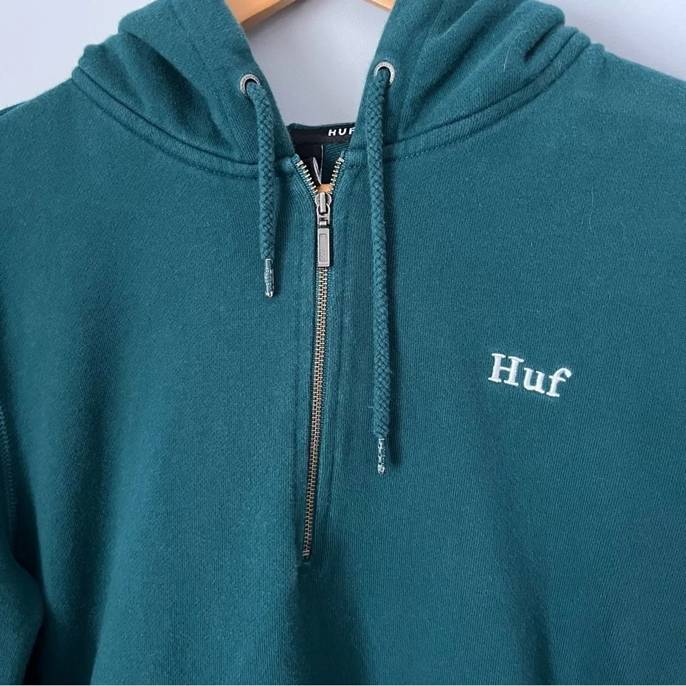 HUF Worldwide Relay French Terry Jade Green Quarter Zip Pullover Hoodie Size S - Picture 8 of 16